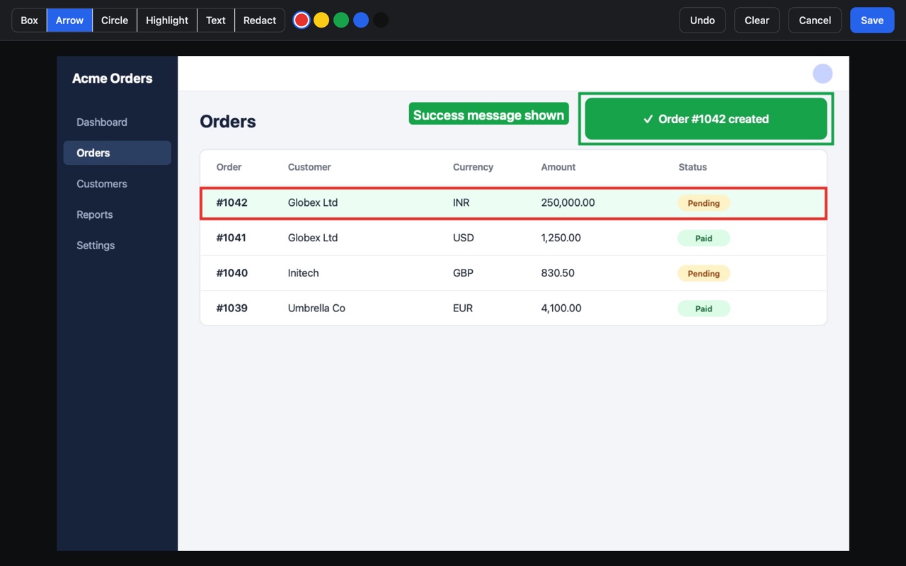 The annotation editor with a green box around a success message, a red box around a new table row and a text label reading Success message shown