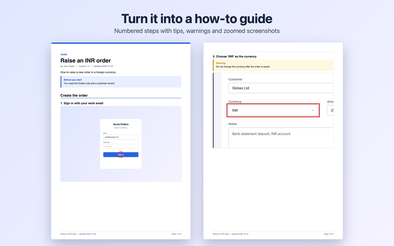 Two pages of an exported how-to guide: a title page with author, version and a Before you start box, and a step with a warning callout and a zoomed screenshot of a currency field