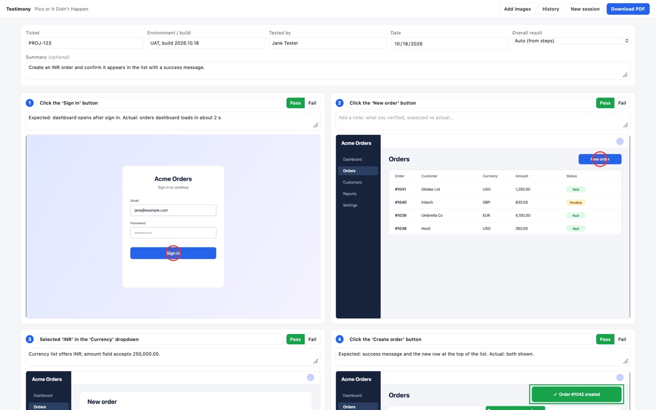 The Testimony editor showing a test session with four steps, each with a screenshot, a note and a Pass marker