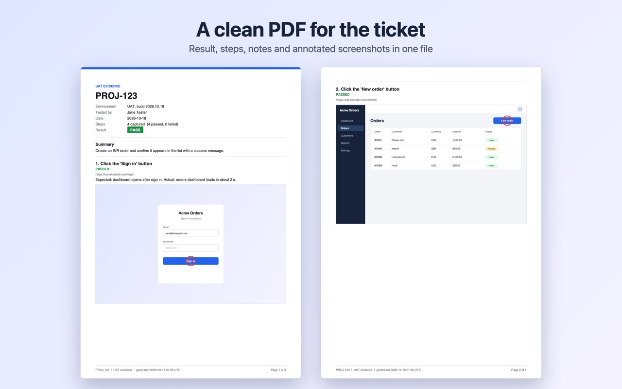 Two pages of an exported PDF report showing a summary with a green Pass badge and the first two steps with screenshots