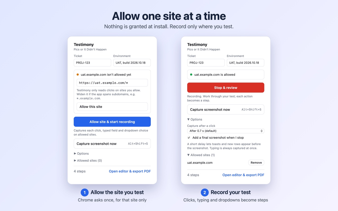Two Testimony popups side by side: one asking to allow a site before recording, one showing recording in progress with the site allowed